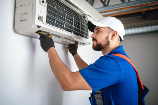 HVAC technician installing a mini split air conditioner in West Sacramento