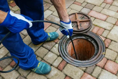 Plumber cleaning an outdoor sewer drain in West Sacramento