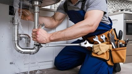 Plumber repairing pipes beneath a sink in West Sacramento